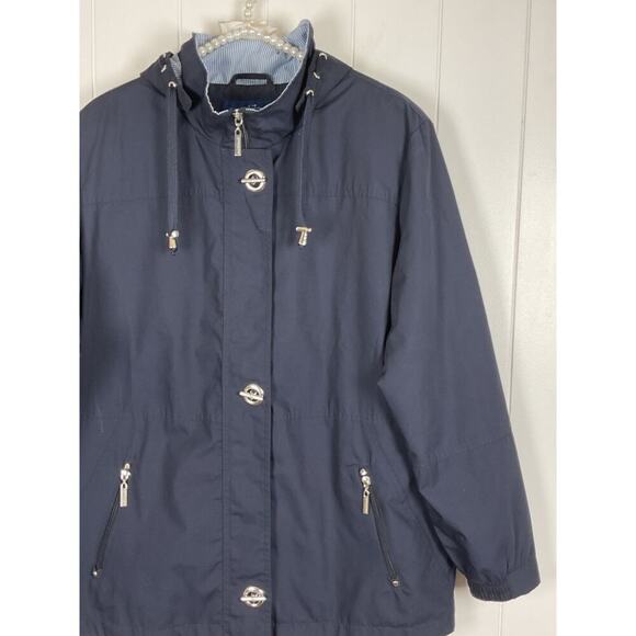 Mackintosh New England Navy Womens Rain Jacket Pin Striped Detachable Hood SZ L - Picture 2 of 8